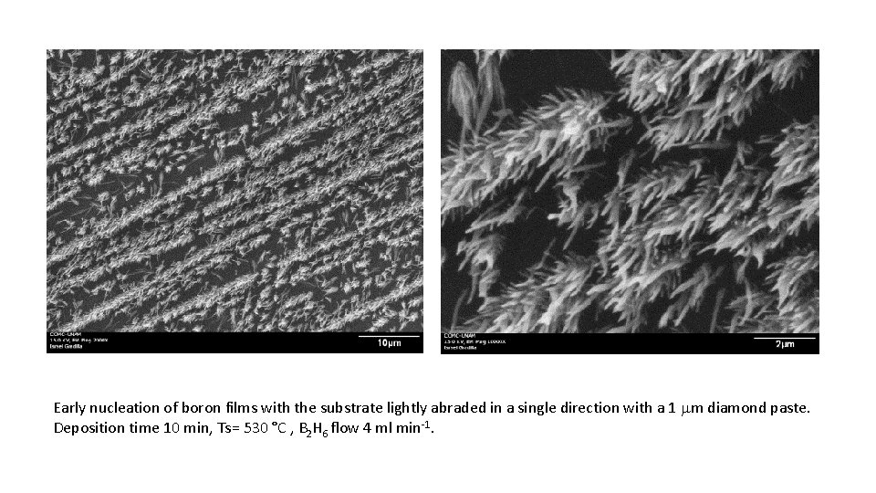 Early nucleation of boron films with the substrate lightly abraded in a single direction