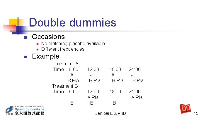 Double dummies n Occasions n n n No matching placebo available Different frequencies Example