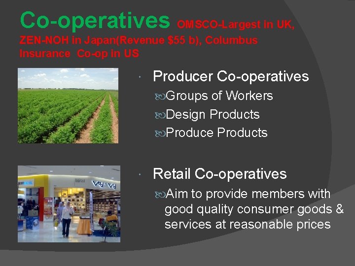 Co-operatives OMSCO-Largest in UK, ZEN-NOH in Japan(Revenue $55 b), Columbus Insurance Co-op in US