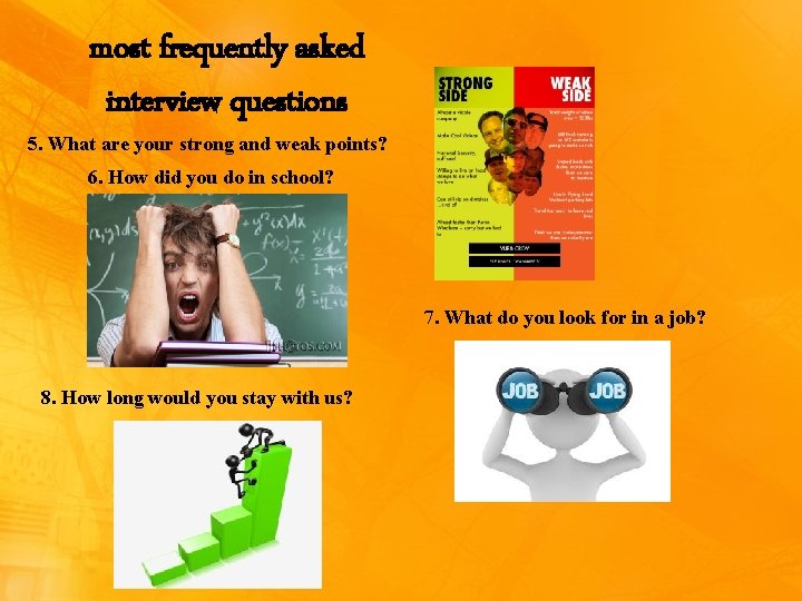 most frequently asked interview questions 5. What are your strong and weak points? 6.