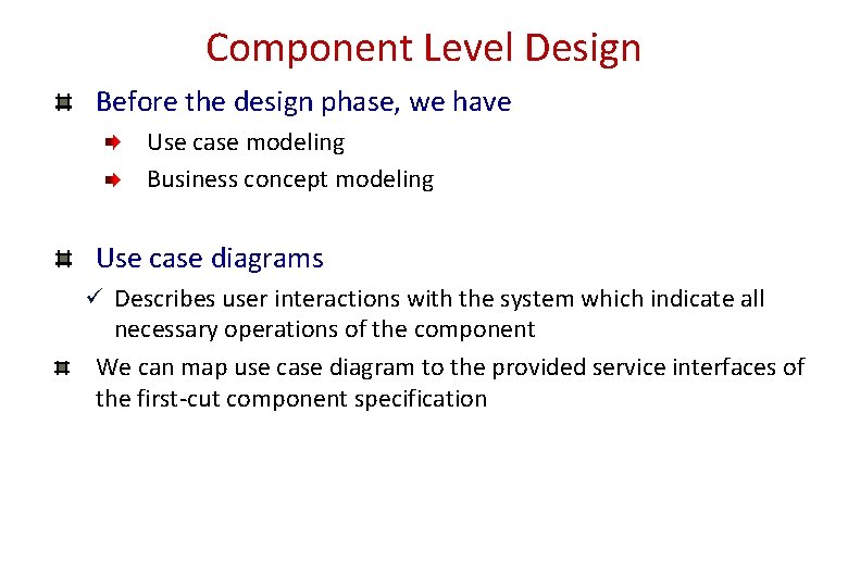 Component Level Design Before the design phase, we have Use case modeling Business concept Component Level Design Before the design phase, we have Use case modeling Business concept