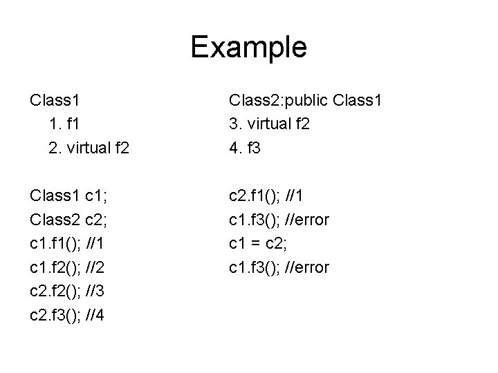 Example Class 1 1. f 1 2. virtual f 2 Class 2: public Class