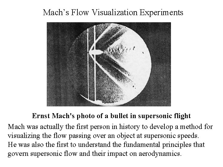 Mach’s Flow Visualization Experiments Ernst Mach's photo of a bullet in supersonic flight Mach