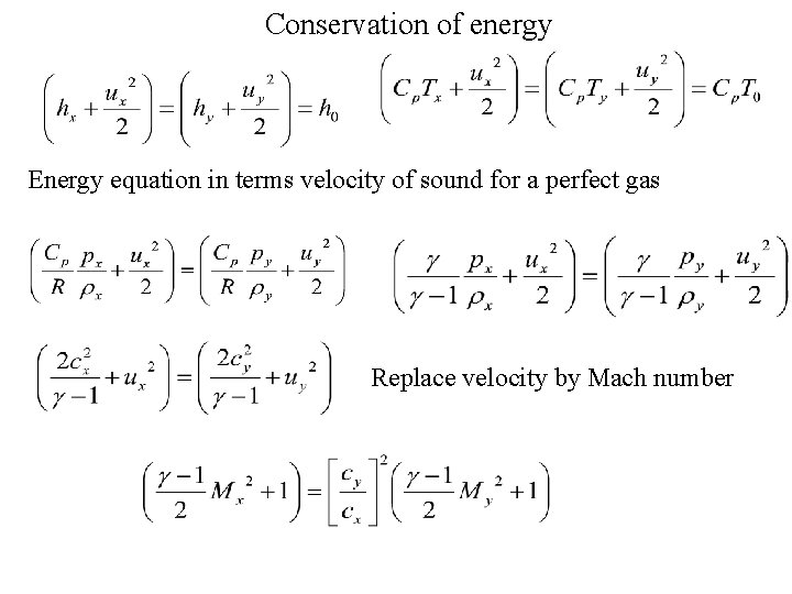 Conservation of energy Energy equation in terms velocity of sound for a perfect gas