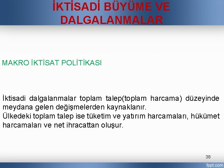 İKTİSADİ BÜYÜME VE DALGALANMALAR MAKRO İKTİSAT POLİTİKASI İktisadi dalgalanmalar toplam talep(toplam harcama) düzeyinde meydana