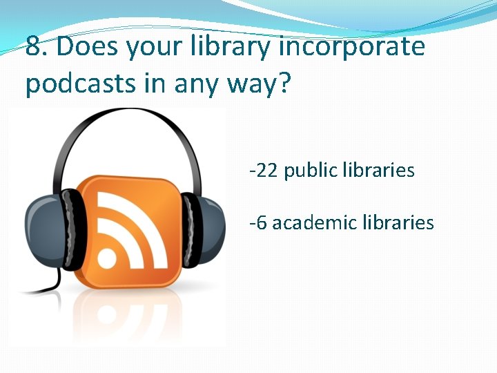8. Does your library incorporate podcasts in any way? -22 public libraries -6 academic