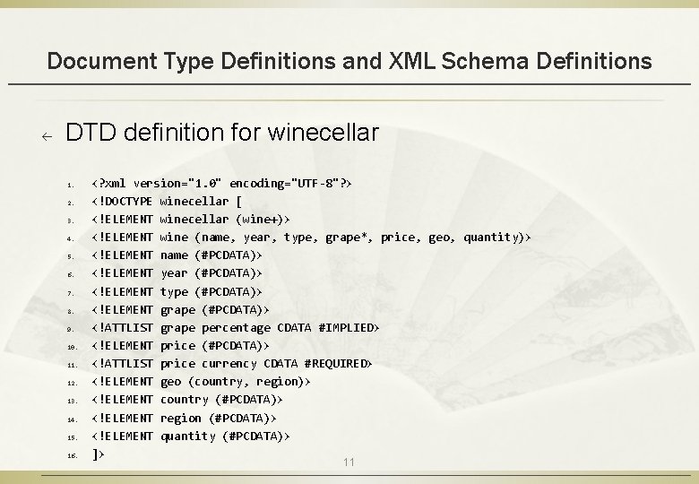 Document Type Definitions and XML Schema Definitions ß DTD definition for winecellar 1. 2.