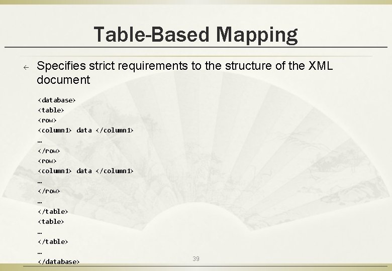 Table-Based Mapping ß Specifies strict requirements to the structure of the XML document <database>