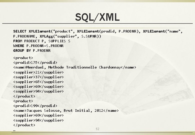 SQL/XML SELECT XMLElement("product", XMLElement(prodid, P. PRODNR), XMLElement("name", P. PRODNAME, XMLAgg("supplier", S. SUPNR)) FROM PRODUCT
