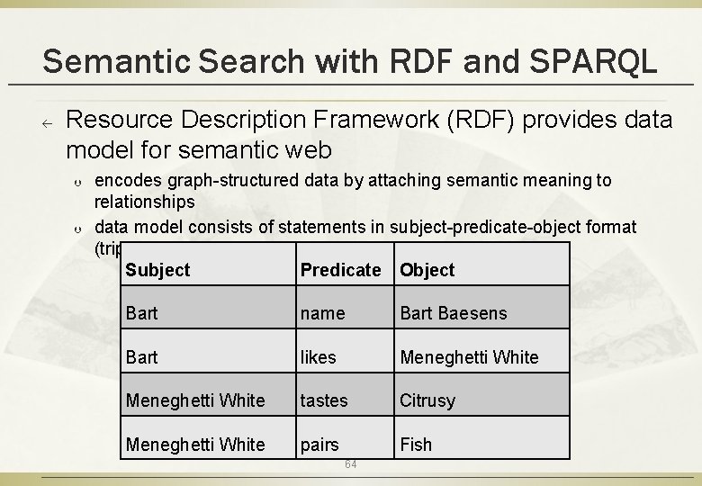 Semantic Search with RDF and SPARQL ß Resource Description Framework (RDF) provides data model