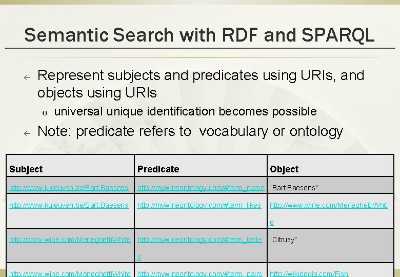 Semantic Search with RDF and SPARQL ß Represent subjects and predicates using URIs, and