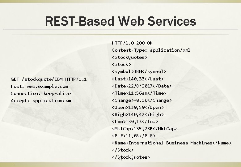 REST-Based Web Services GET /stockquote/IBM HTTP/1. 1 Host: www. example. com Connection: keep-alive Accept: