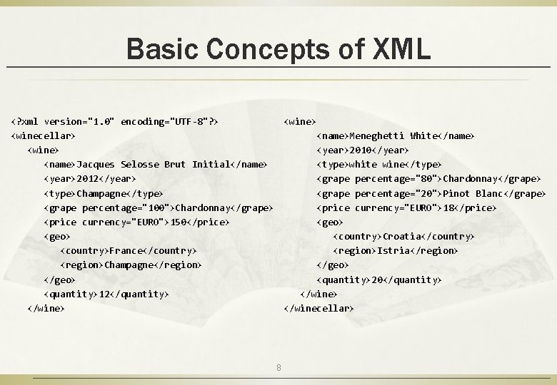 Basic Concepts of XML <? xml version="1. 0" encoding="UTF-8"? > <winecellar> <name>Meneghetti White</name> <wine>