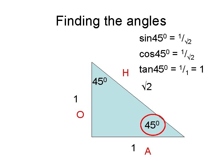 Finding the angles sin 450 = 1/√ 2 cos 450 = 1/√ 2 450