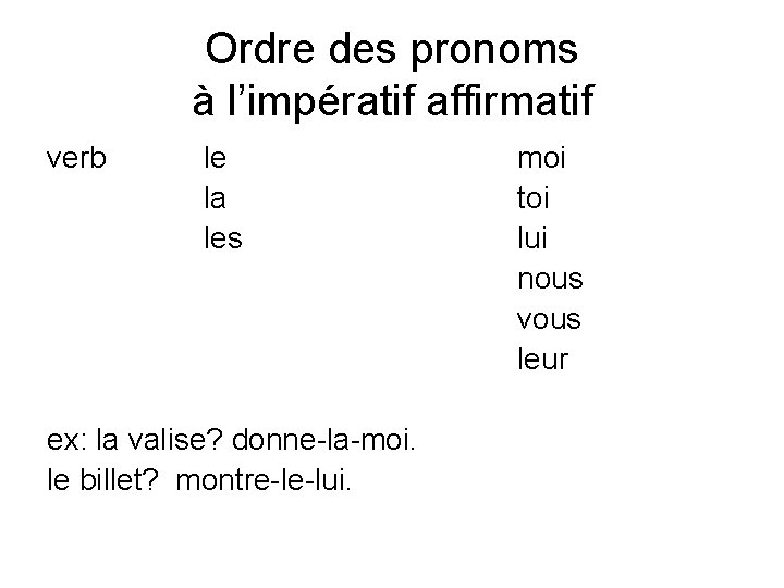 Ordre des pronoms à l’impératif affirmatif verb le la les ex: la valise? donne-la-moi.