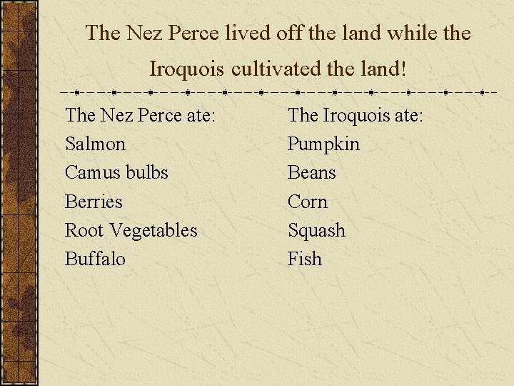 The Nez Perce lived off the land while the Iroquois cultivated the land! The