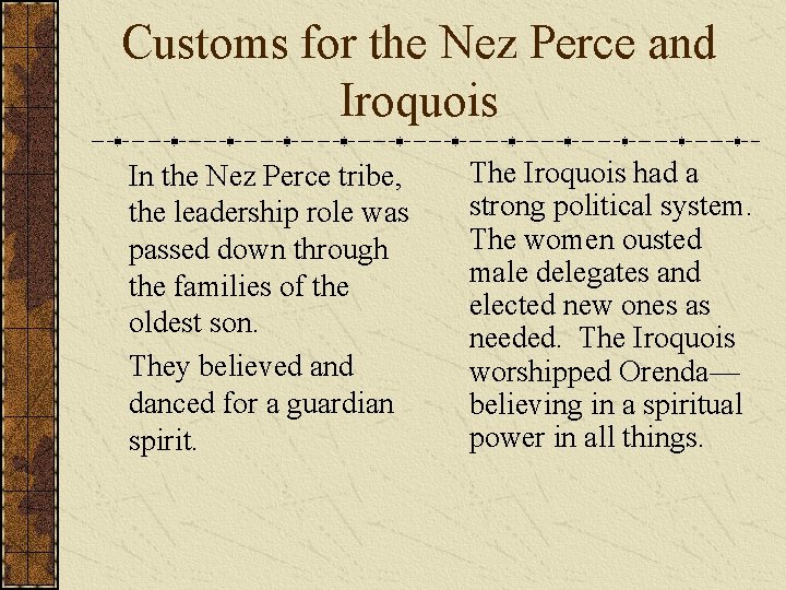 Customs for the Nez Perce and Iroquois In the Nez Perce tribe, the leadership