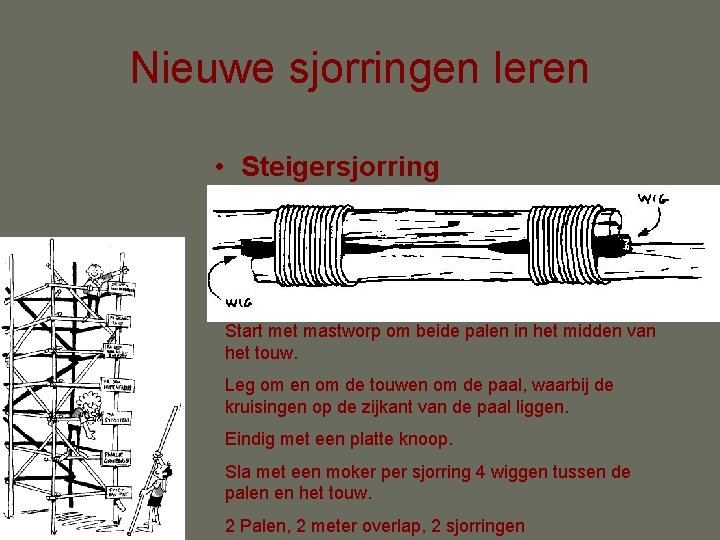 Nieuwe sjorringen leren • Steigersjorring Start met mastworp om beide palen in het midden