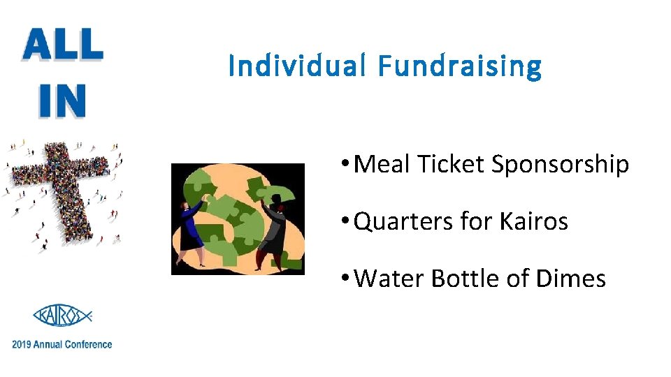 Individual Fundraising • Meal Ticket Sponsorship • Quarters for Kairos • Water Bottle of