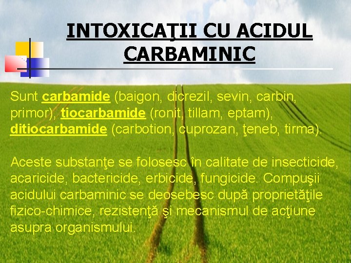 INTOXICAŢII CU ACIDUL CARBAMINIC Sunt carbamide (baigon, dicrezil, sevin, carbin, primor), tiocarbamide (ronit, tillam,