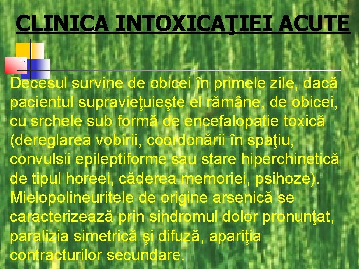 CLINICA INTOXICAŢIEI ACUTE Decesul survine de obicei în primele zile, dacă pacientul supravieţuieşte el