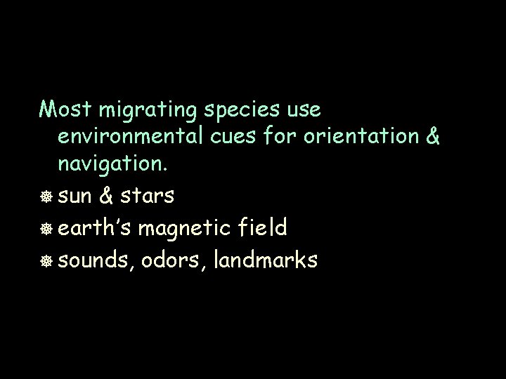 Most migrating species use environmental cues for orientation & navigation. ] sun & stars