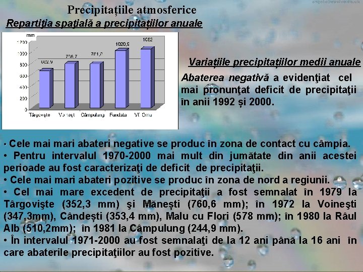 Precipitațiile atmosferice Repartiţia spaţială a precipitațiilor anuale Variațiile precipitațiilor medii anuale Abaterea negativă a