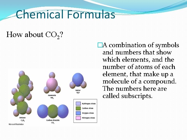 Chemical Formulas How about CO 2? �A combination of symbols and numbers that show