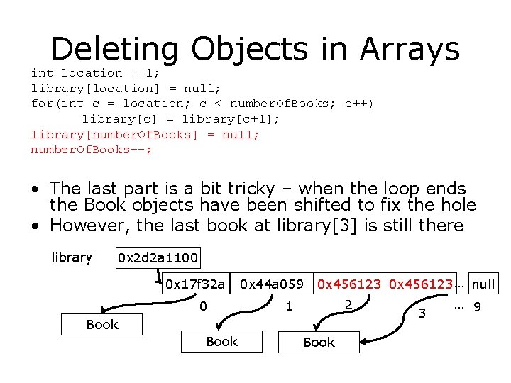 Deleting Objects in Arrays int location = 1; library[location] = null; for(int c =