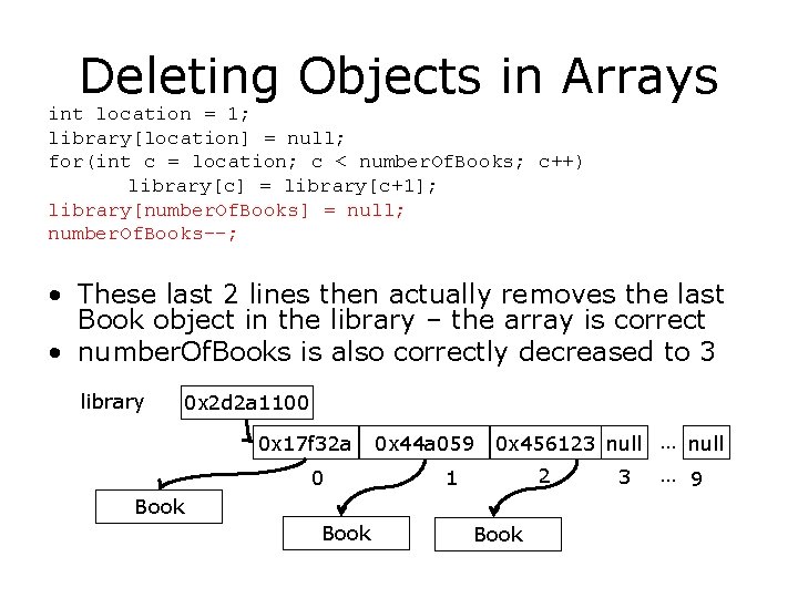 Deleting Objects in Arrays int location = 1; library[location] = null; for(int c =