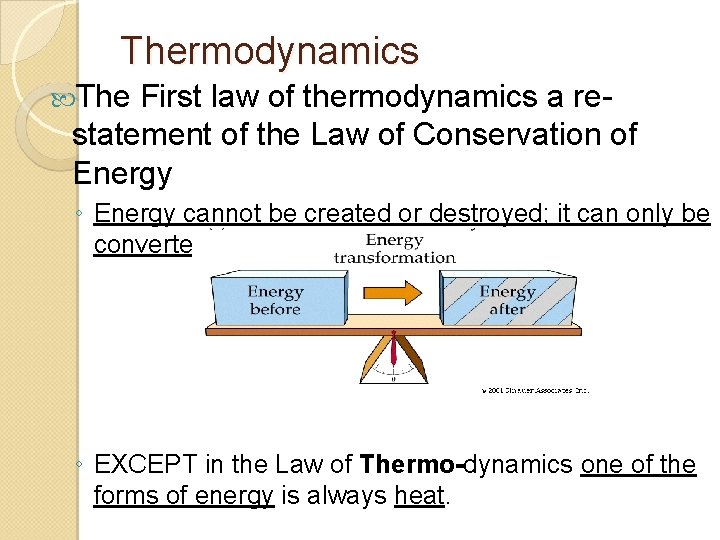 Thermodynamics The First law of thermodynamics a restatement of the Law of Conservation of