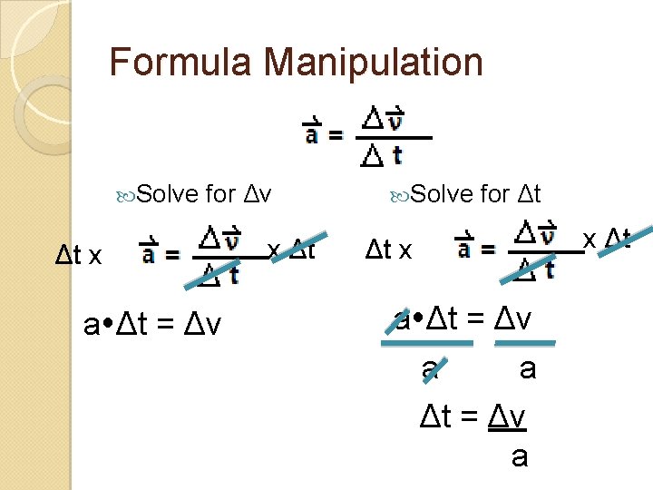 Formula Manipulation Solve for Δv Δt x a Δt = Δv x Δt Solve
