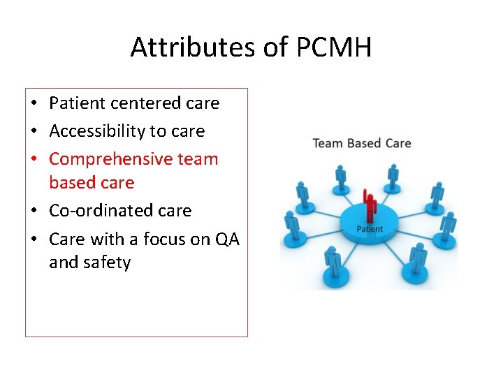 Attributes of PCMH • Patient centered care • Accessibility to care • Comprehensive team