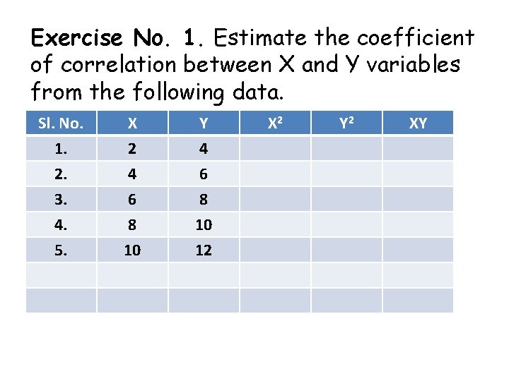 Exercise No. 1. Estimate the coefficient of correlation between X and Y variables from