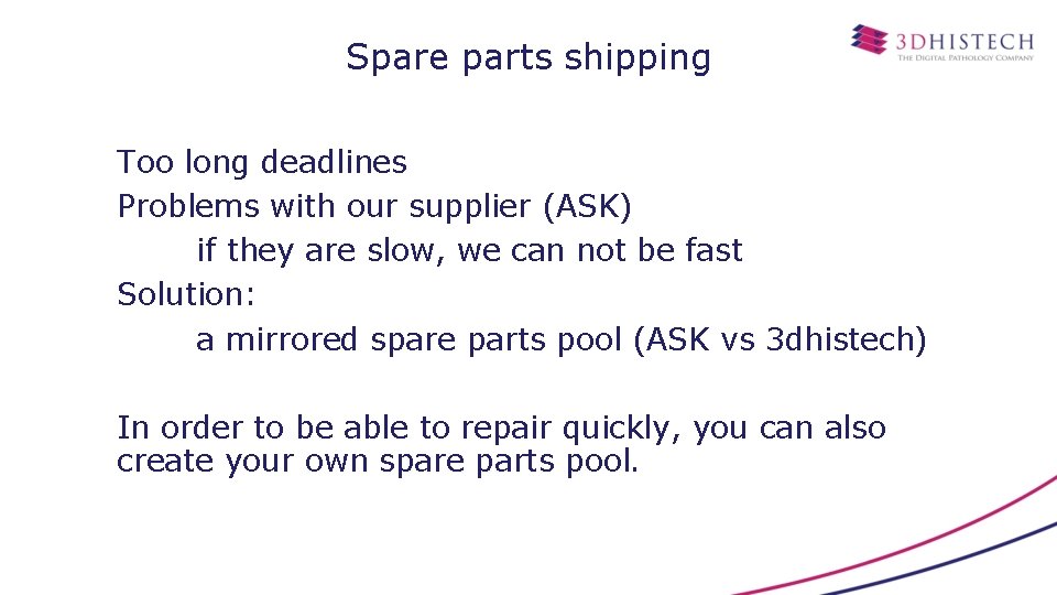 Spare parts shipping Too long deadlines Problems with our supplier (ASK) if they are