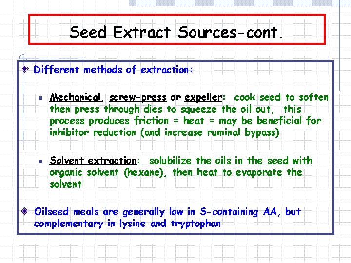Seed Extract Sources-cont. Different methods of extraction: n n Mechanical, screw-press or expeller: cook