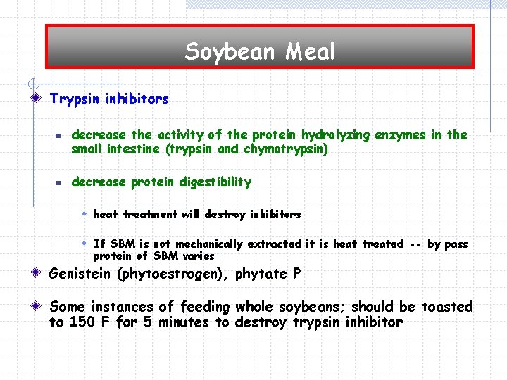 Soybean Meal Trypsin inhibitors n n decrease the activity of the protein hydrolyzing enzymes