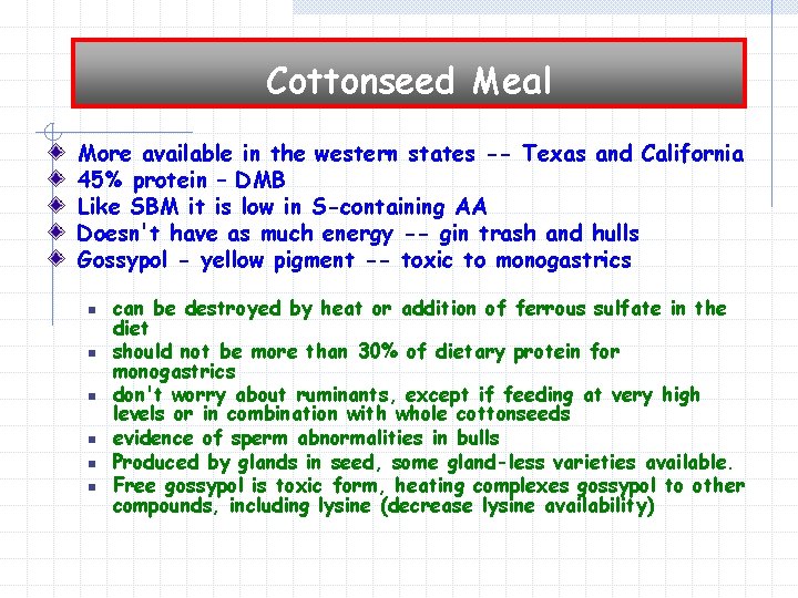 Cottonseed Meal More available in the western states -- Texas and California 45% protein