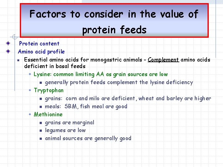 Factors to consider in the value of protein feeds Protein content Amino acid profile