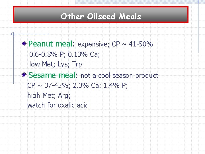 Other Oilseed Meals Peanut meal: expensive; CP ~ 41 -50% 0. 6 -0. 8%