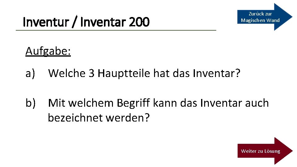 Inventur / Inventar 200 Zurück zur Magischen Wand Aufgabe: a) Welche 3 Hauptteile hat