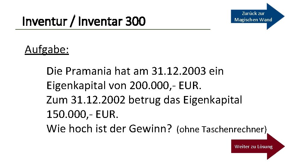 Inventur / Inventar 300 Zurück zur Magischen Wand Aufgabe: Die Pramania hat am 31.