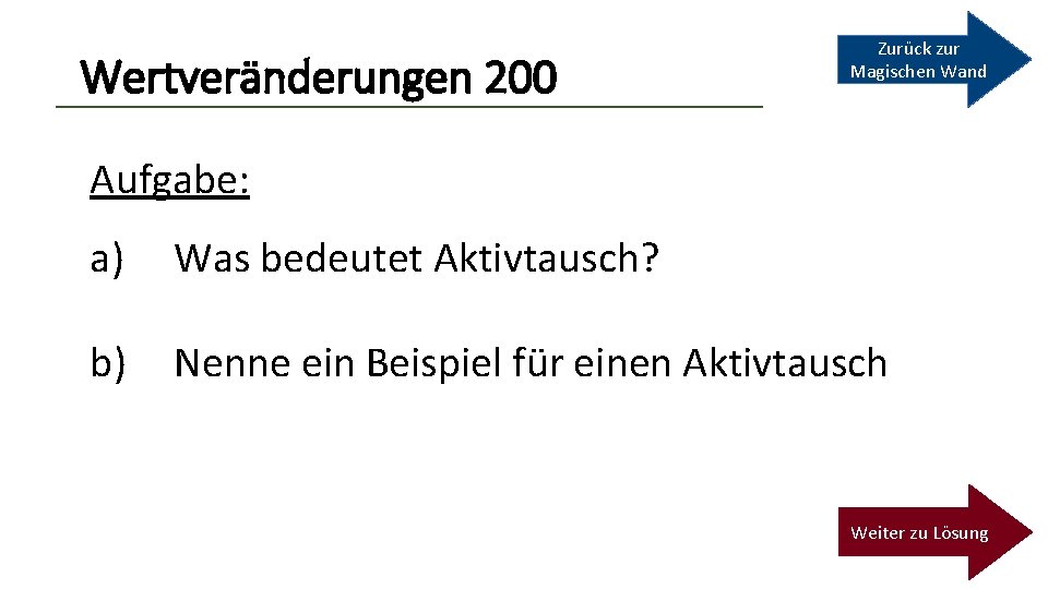 Wertveränderungen 200 Zurück zur Magischen Wand Aufgabe: a) Was bedeutet Aktivtausch? b) Nenne ein