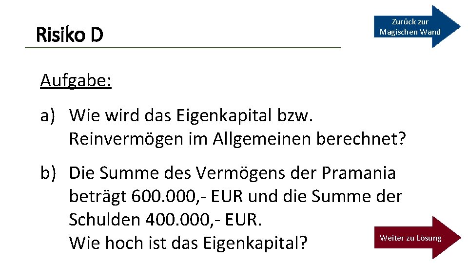 Risiko D Zurück zur Magischen Wand Aufgabe: a) Wie wird das Eigenkapital bzw. Reinvermögen