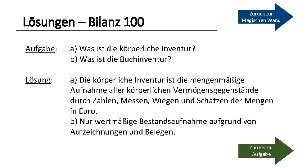 Lösungen – Bilanz 100 Zurück zur Magischen Wand Aufgabe: a) Was ist die körperliche