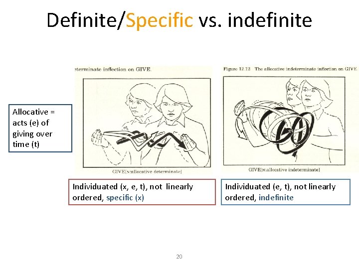 Definite/Specific vs. indefinite Allocative = acts (e) of giving over time (t) Individuated (x,