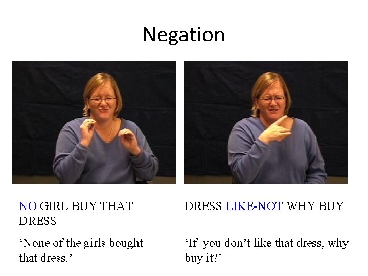 Negation NO GIRL BUY THAT DRESS LIKE-NOT WHY BUY ‘None of the girls bought