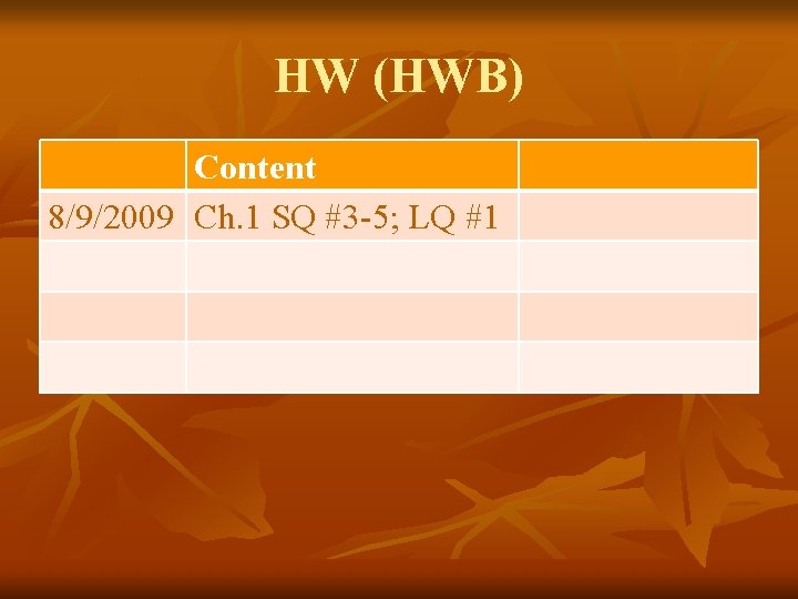 HW (HWB) Content 8/9/2009 Ch. 1 SQ #3 -5; LQ #1 