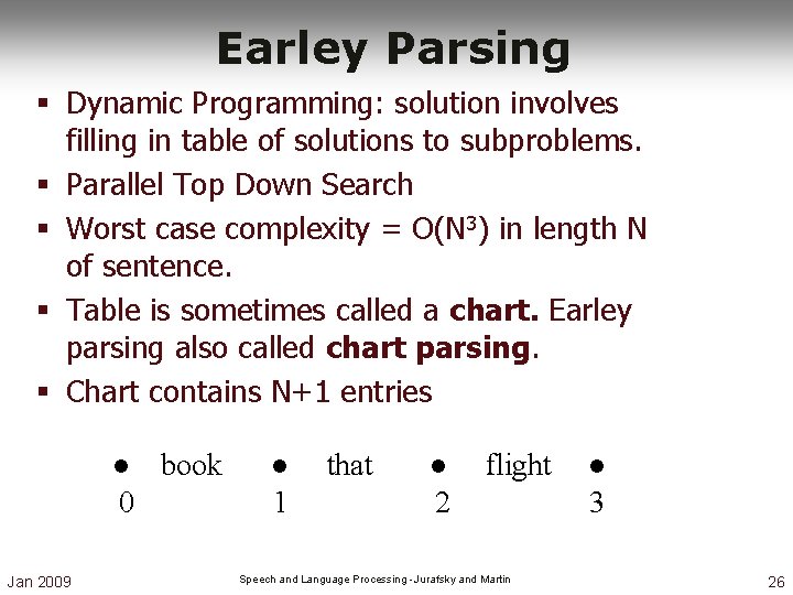 Earley Parsing § Dynamic Programming: solution involves filling in table of solutions to subproblems. Earley Parsing § Dynamic Programming: solution involves filling in table of solutions to subproblems.