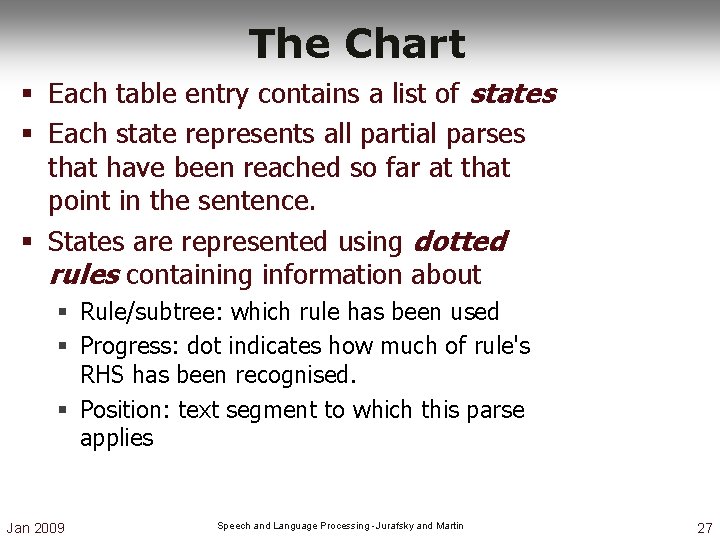 The Chart § Each table entry contains a list of states § Each state The Chart § Each table entry contains a list of states § Each state